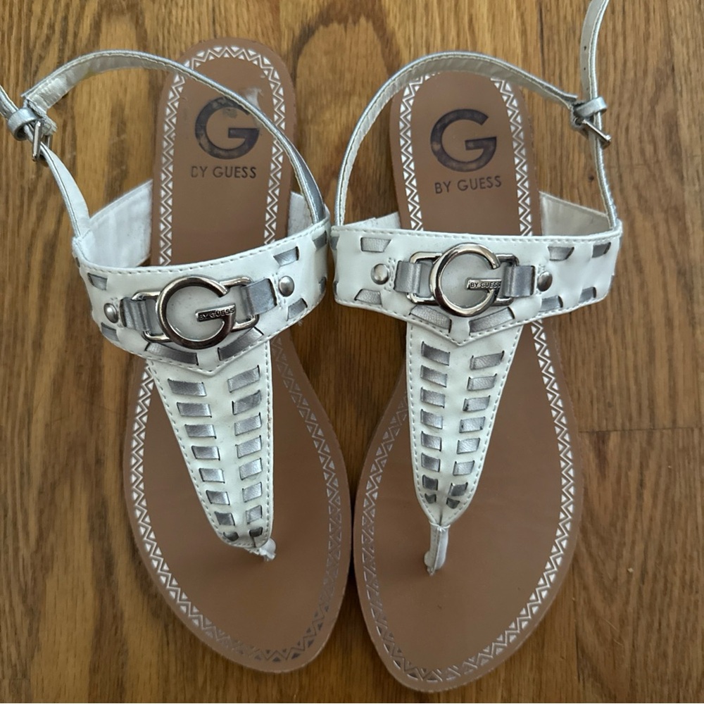 G by Guess White Sandals with Braided T-Strap Design
